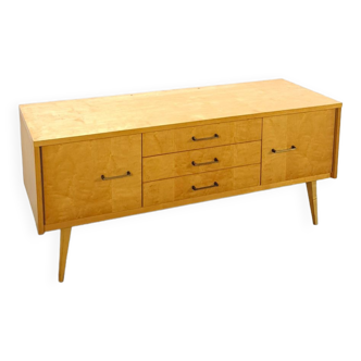 Veneer TV cabinet with drawers and angled legs, vintage