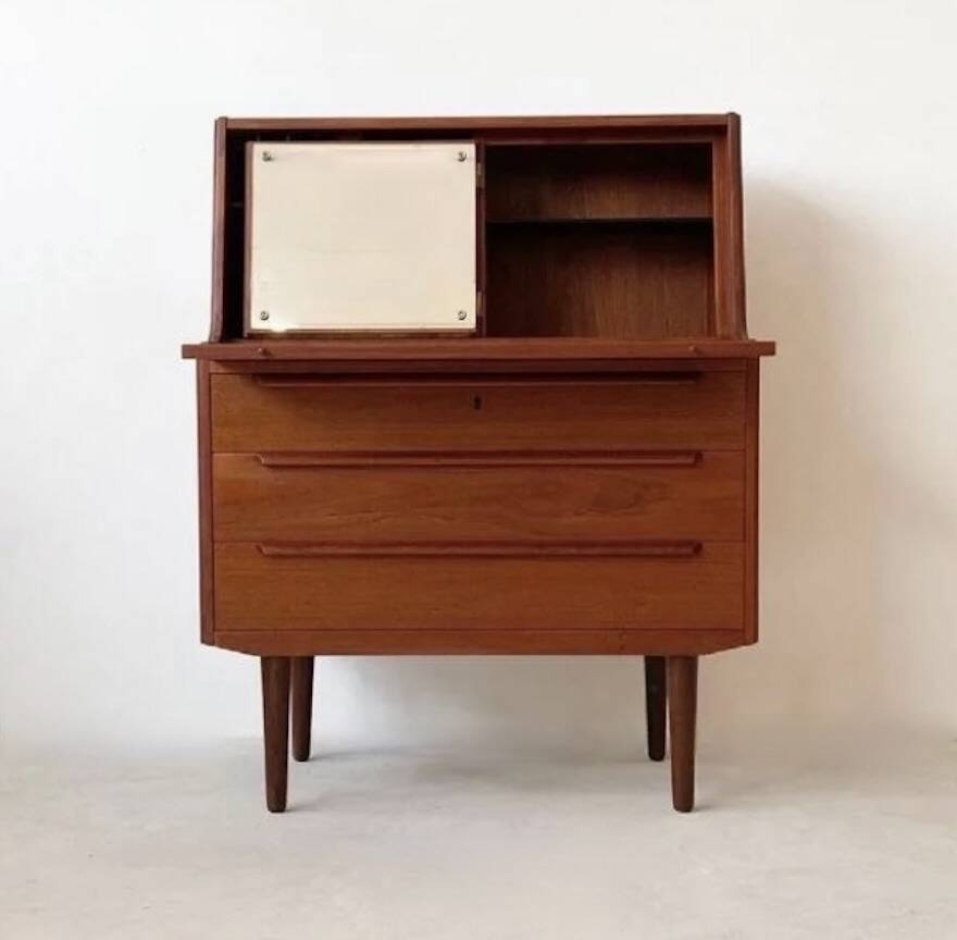 Teak secretary desk by AG Aarhus, 3 drawers and hidden mirror, Denmark, 1960s