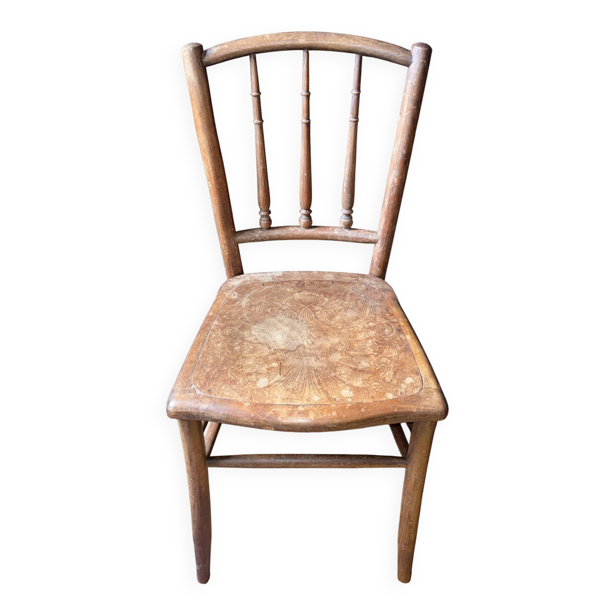 Old wooden bistro chair – decorated seat – rustic furniture