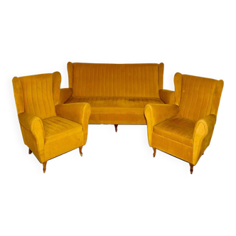 Mid-Century Mustard Velvet Sofa and Armchairs Set by ISA Bergamo, Italy