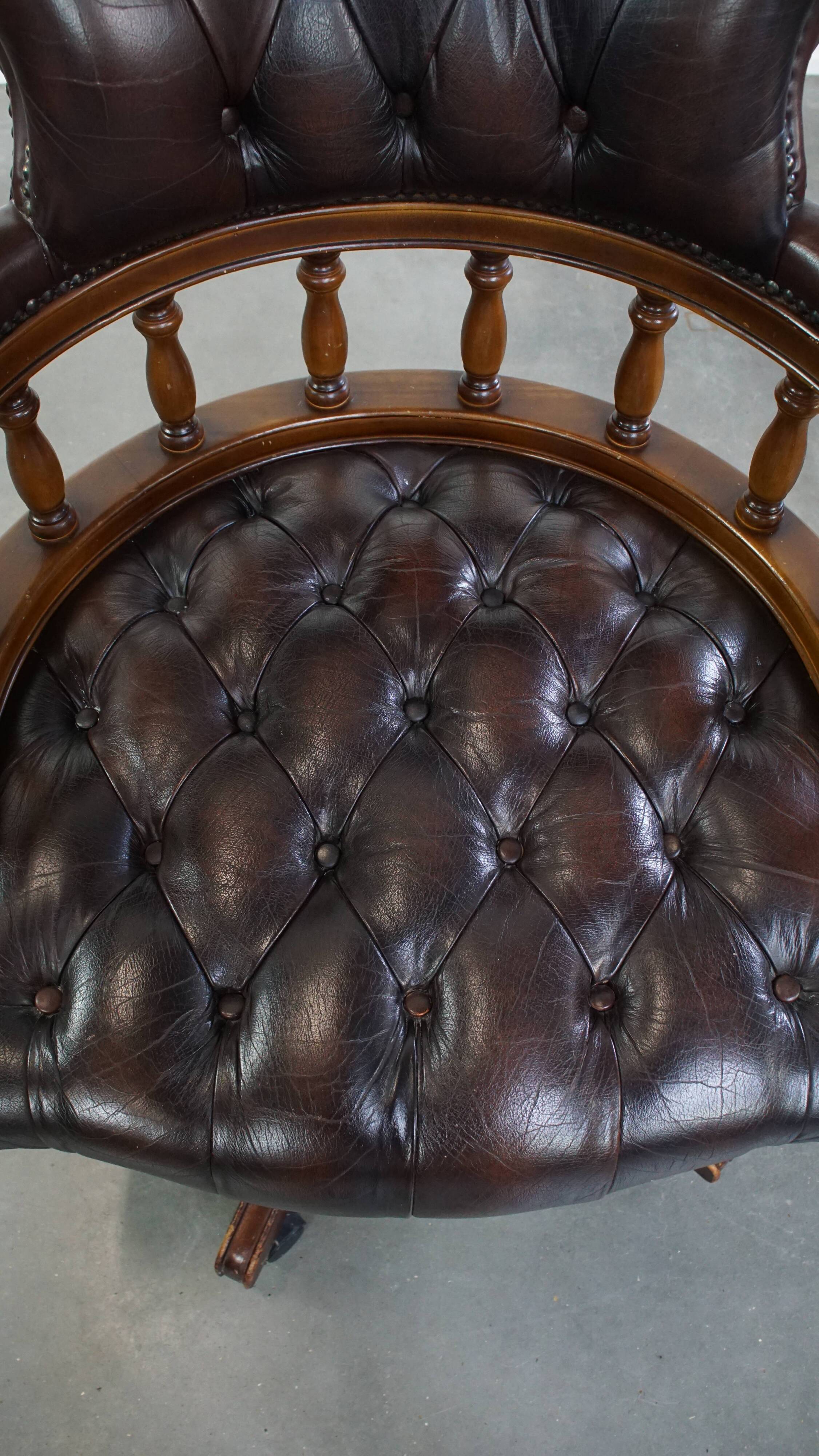 Chesterfield Office Chair on Wheels in Dark Brown Cowhide Leather