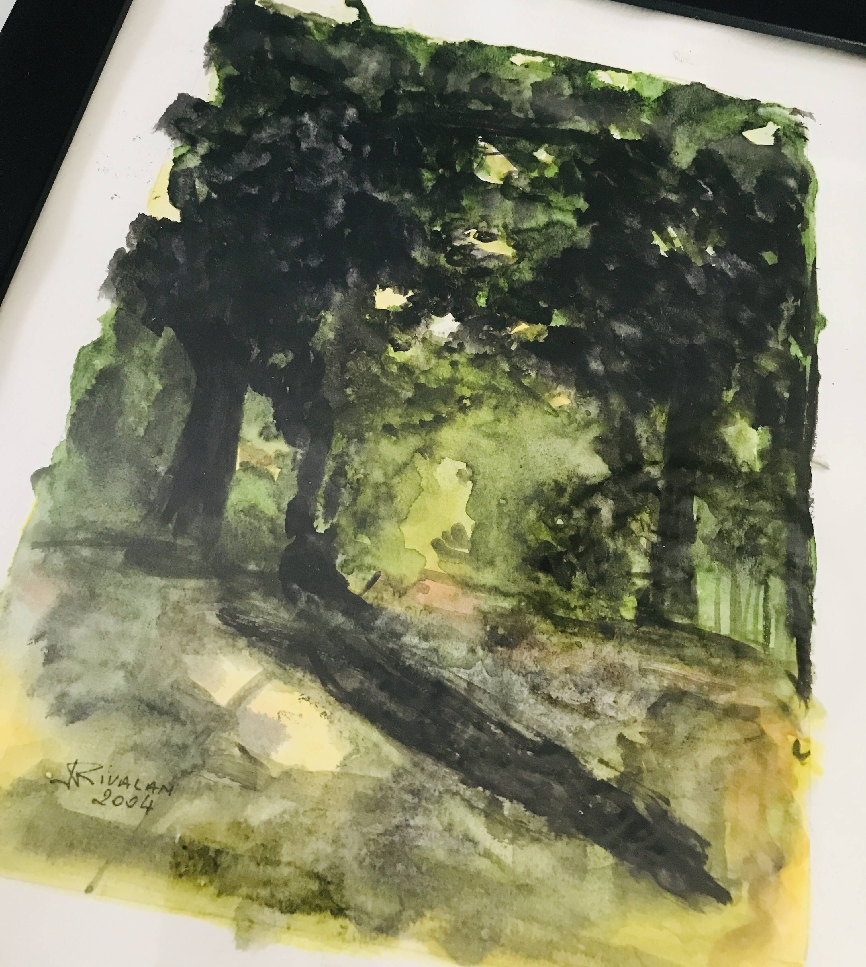 Framed watercolor under wood, signed