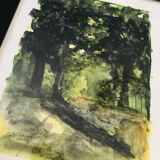 Framed watercolor under wood, signed
