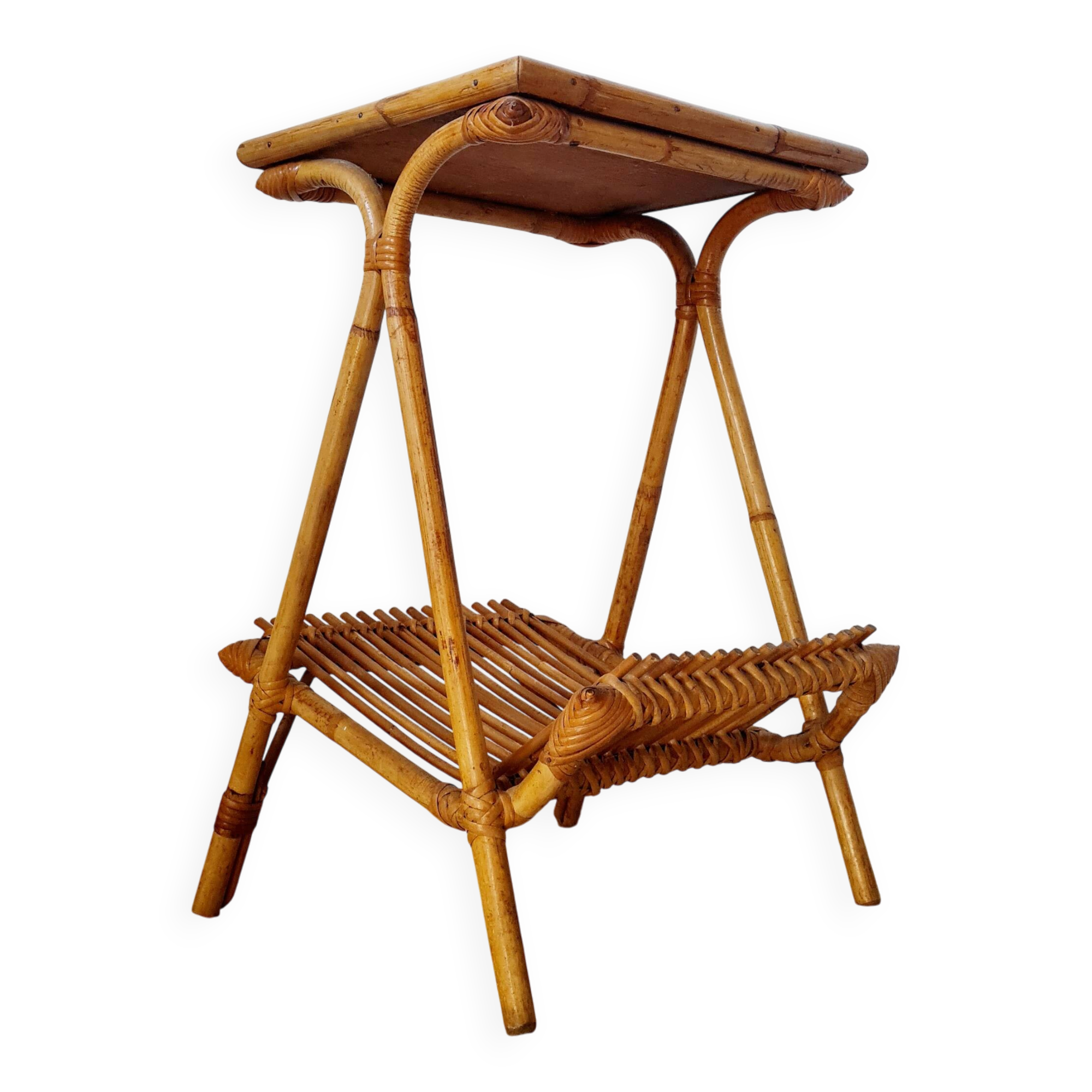 Vintage rattan and bamboo side table – 1960s Riviera style -