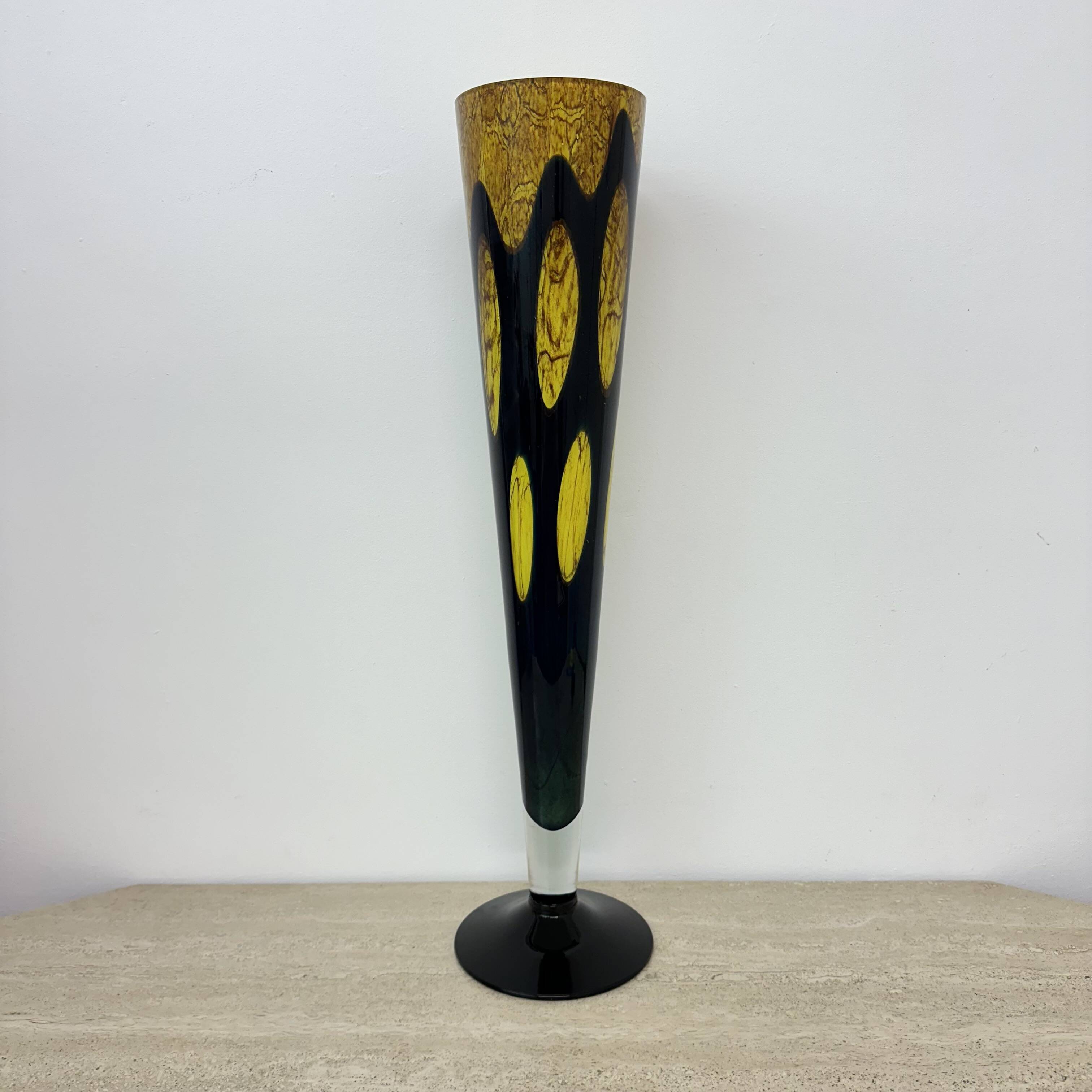 Large glass vase yellow and black , 1970s