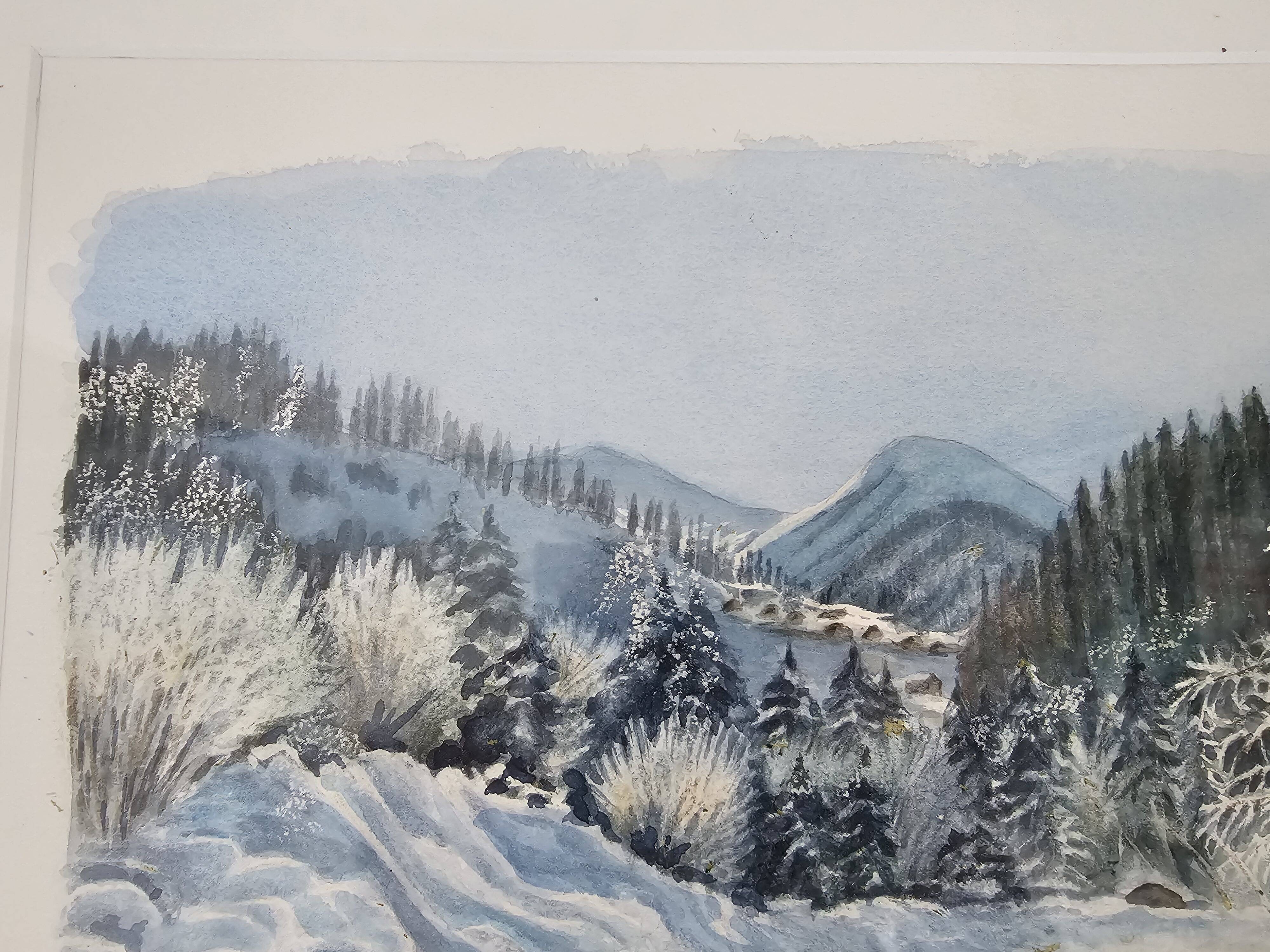 Tableau - Aquarelle paysage de neige Signée Janine Ramond