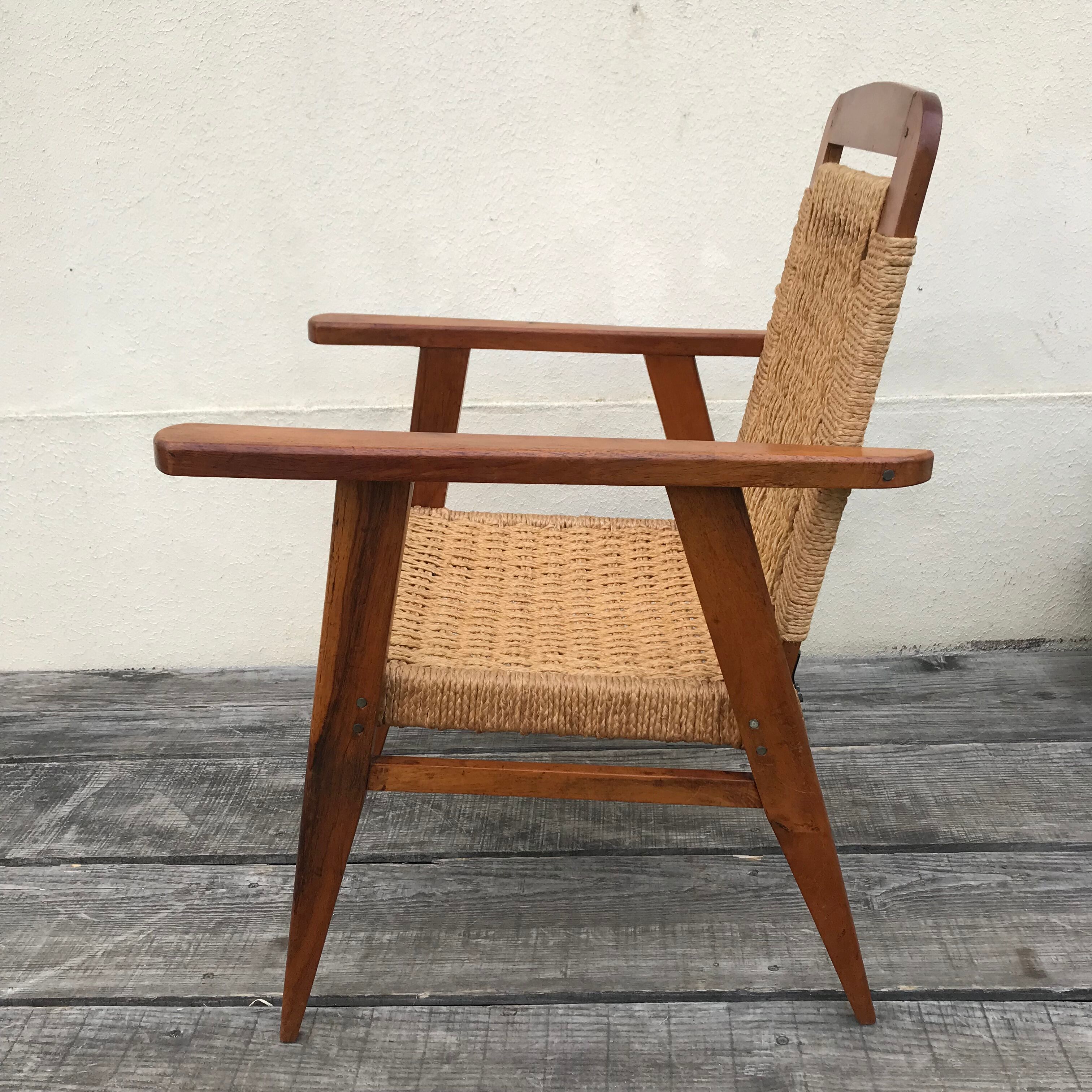 Vintage armchair 1940 in mahogany and braided rope