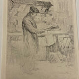 Etching, drawing, engraving, the bookseller, Henri le Riche, notre dame