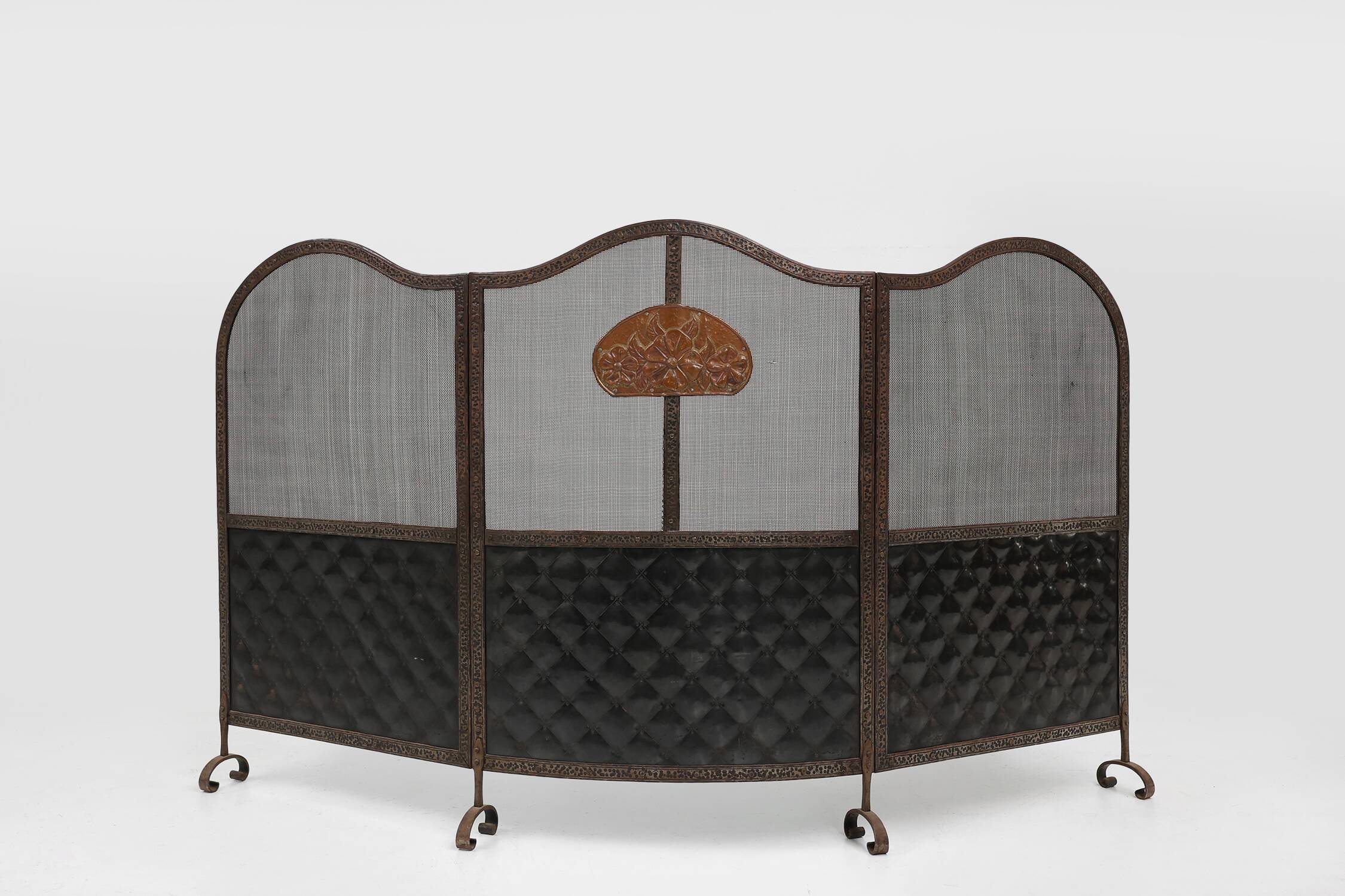 French Art Deco wrought iron fireplace screen with 3 panels
