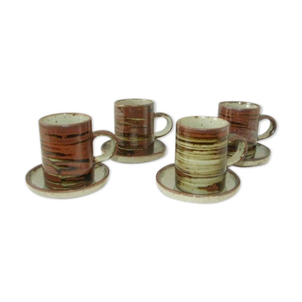 Lot 4 mugs & sous-tasses grès émaillé vintage années 70