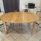 Round table 117cm extendable with a solid pine extension, vintage from the 1970s.