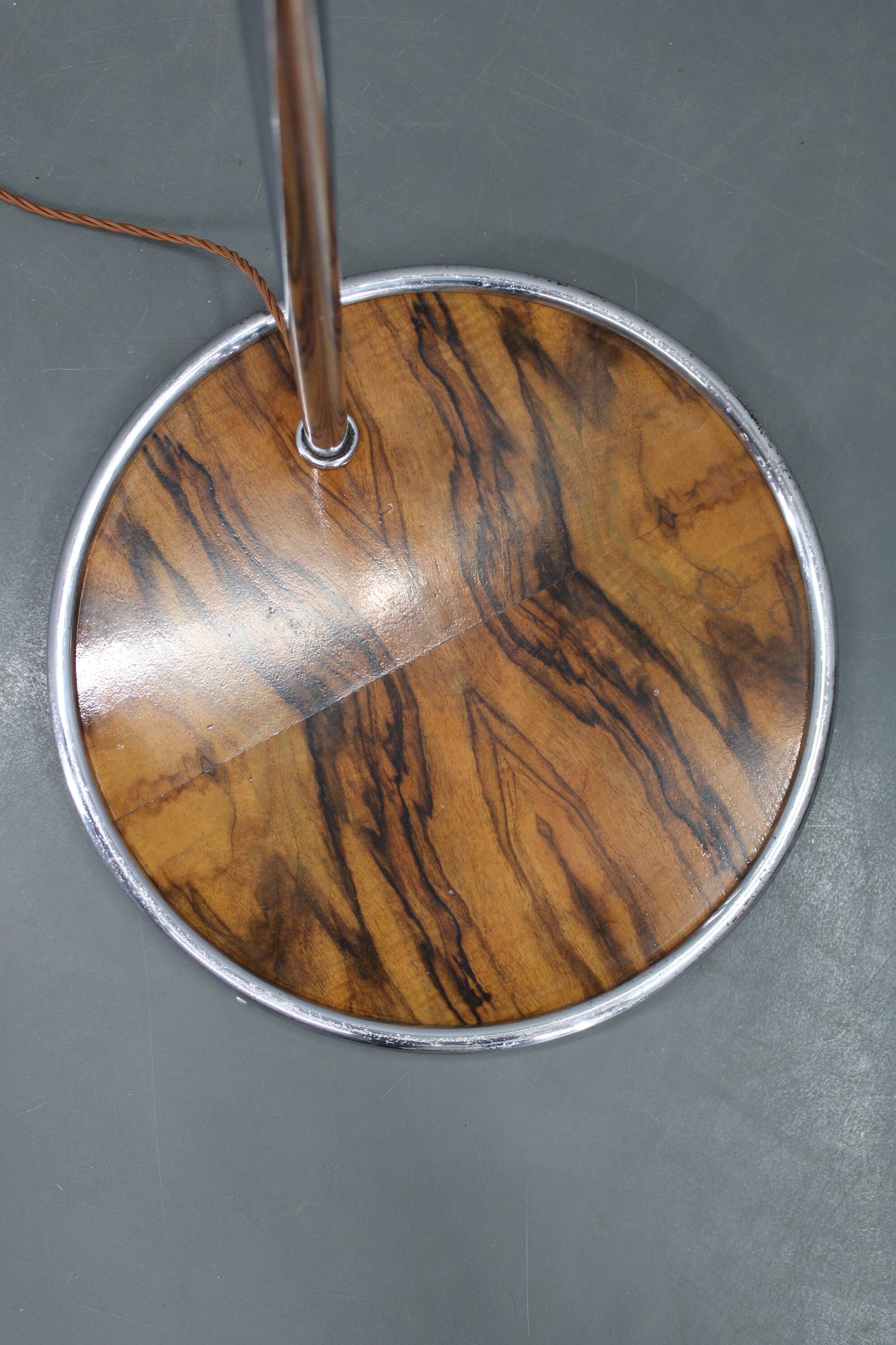 Art Deco chrome floor lamp, milk glass, walnut base, 1930s Czechoslovakia