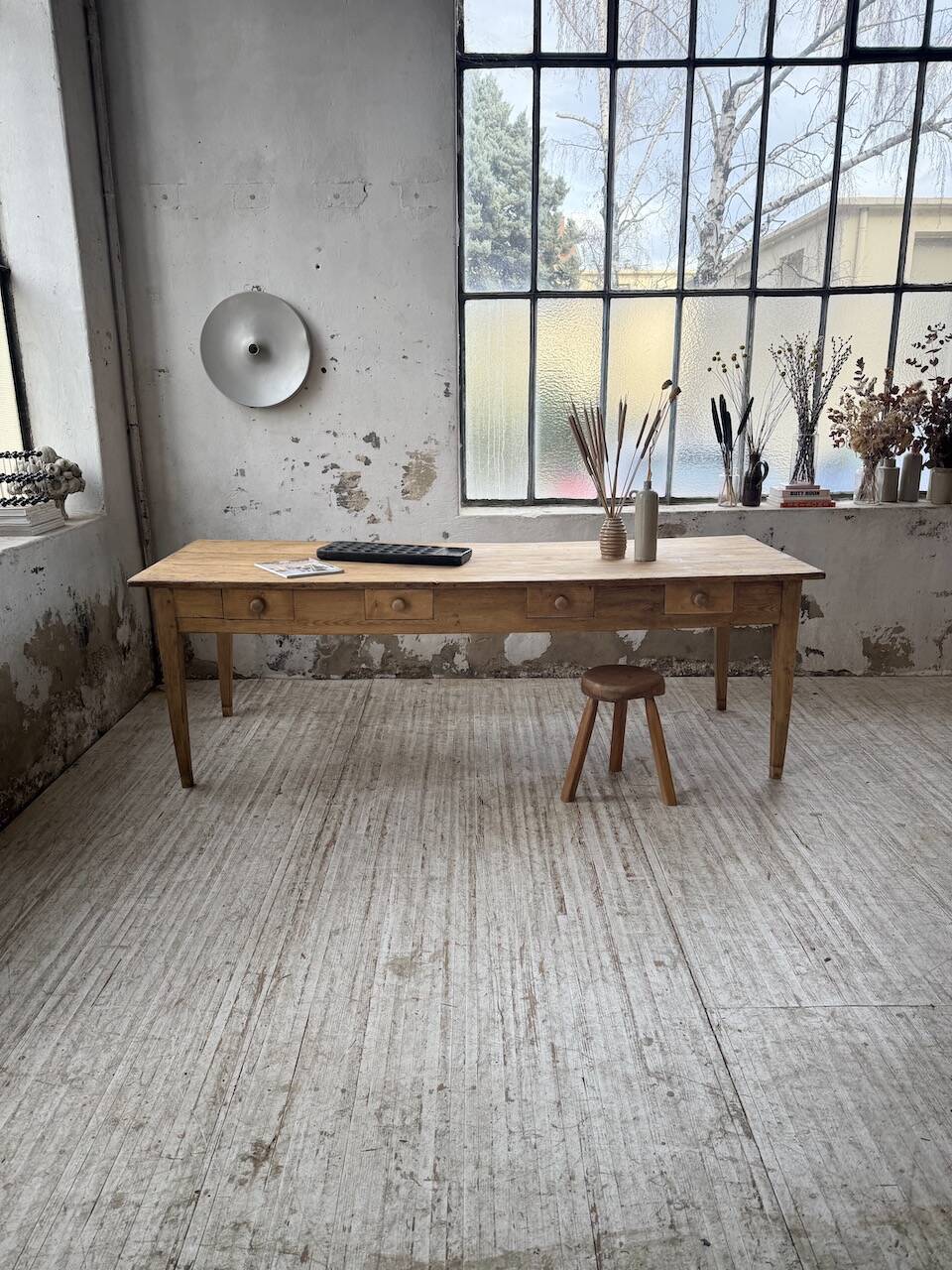 Pine and oak farmhouse table with multiple drawers, communal type, 240cm.