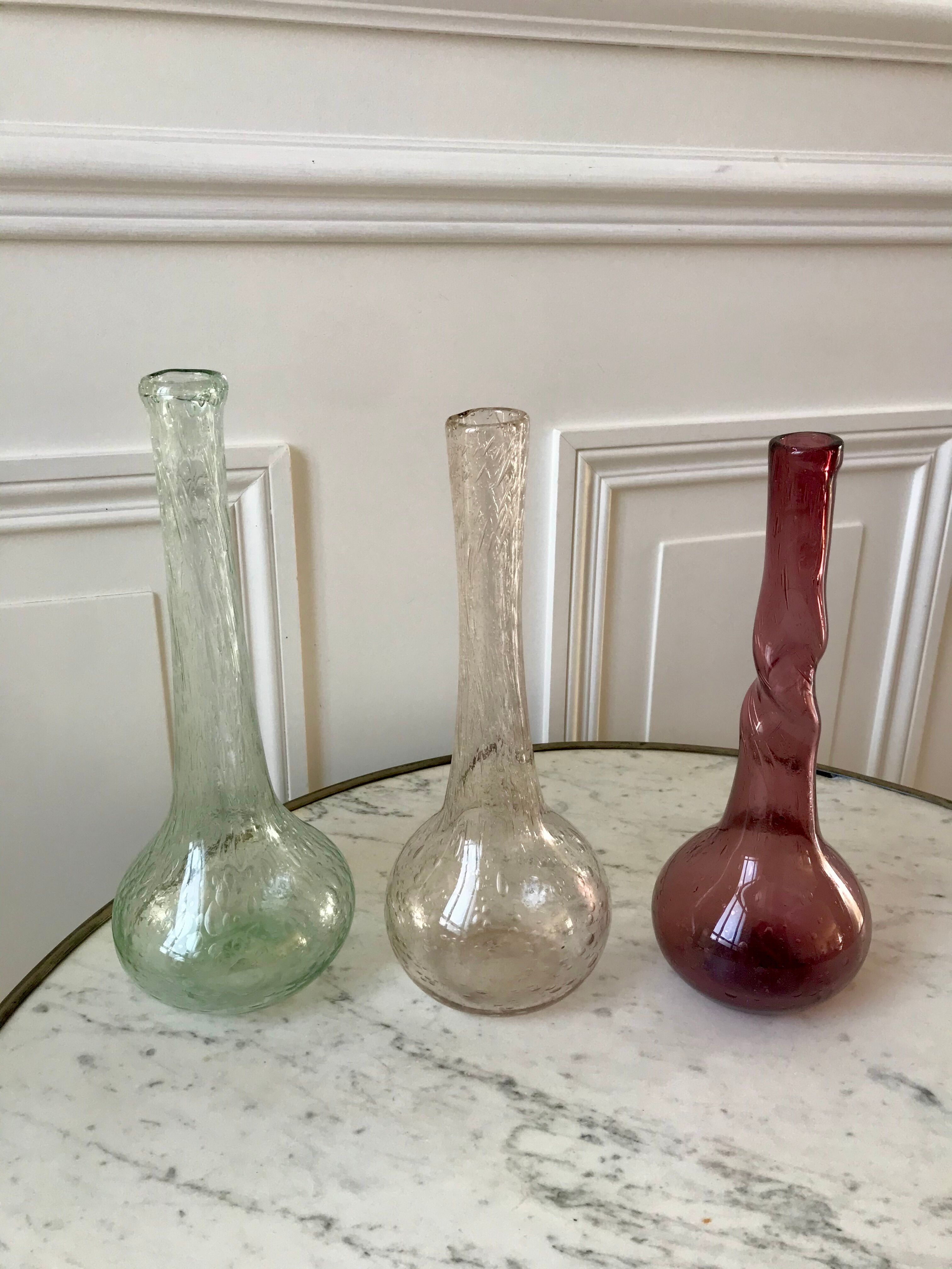 trio of Biot bubbled glass vases signed green 60s-70s