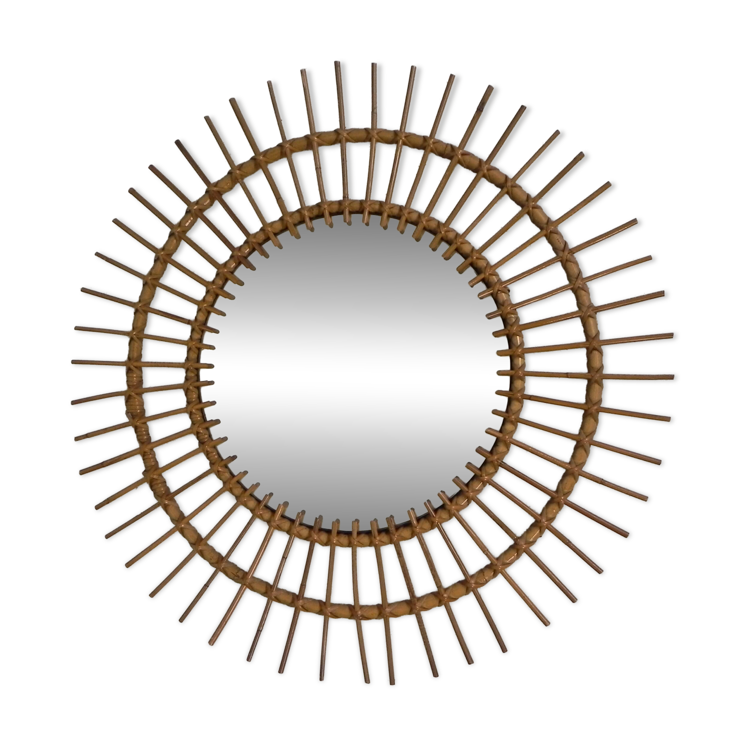 Vintage round bamboo mirror with faceted glass, 1950s