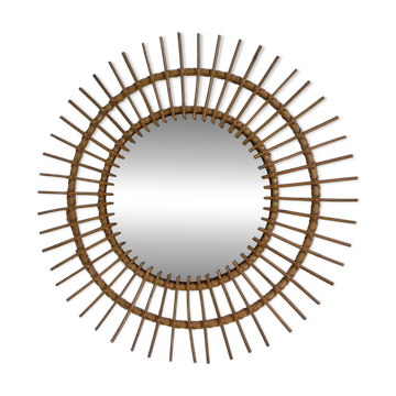 Miroir rond vintage en bambou avec verre facetté, années 1950