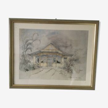 Framed watercolour by F. Hennequet - Reunion Island 1979