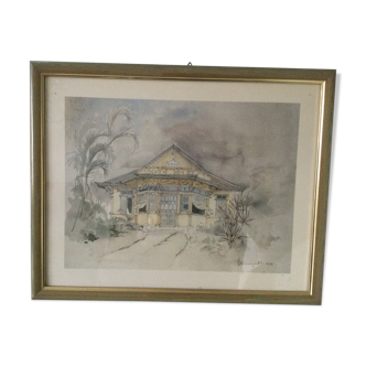 Framed watercolour by F. Hennequet - Reunion Island 1979