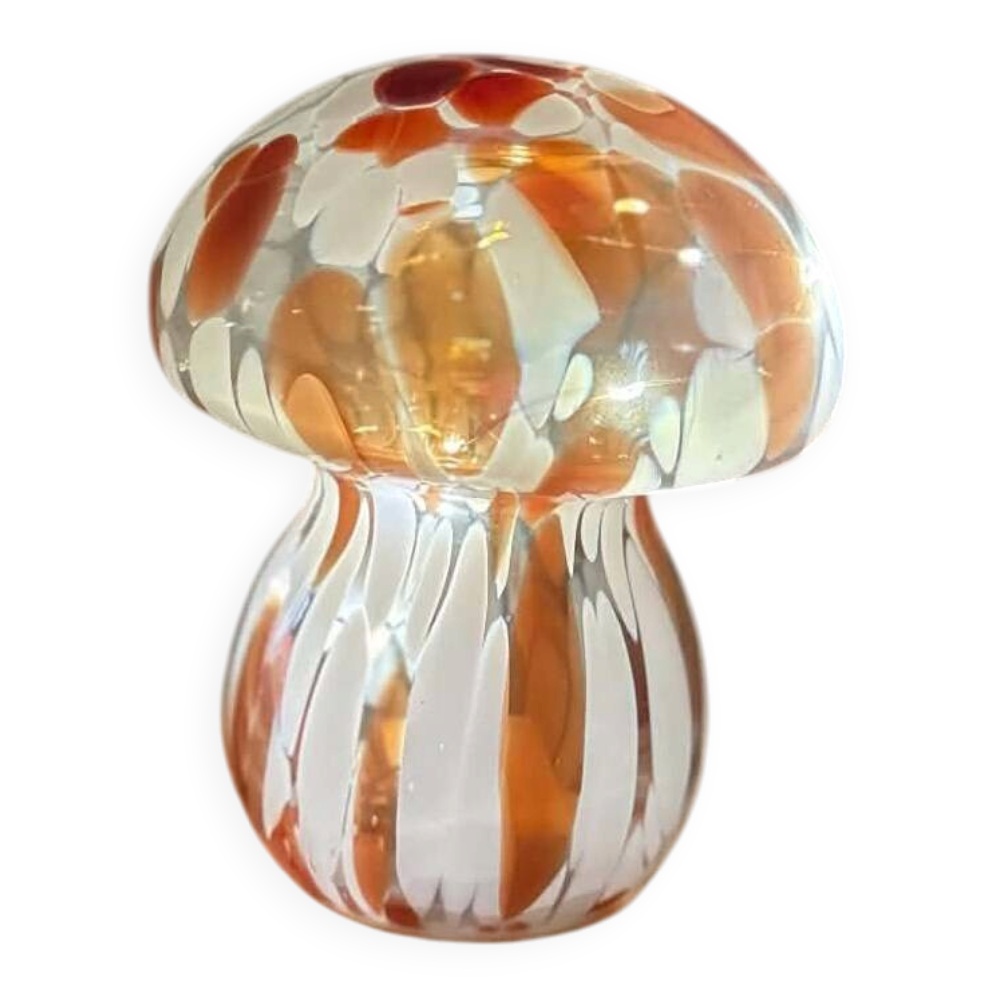 Mosaic glass mushroom lamp in orange, white, and clear.