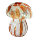 Mosaic glass mushroom lamp in orange, white, and clear.