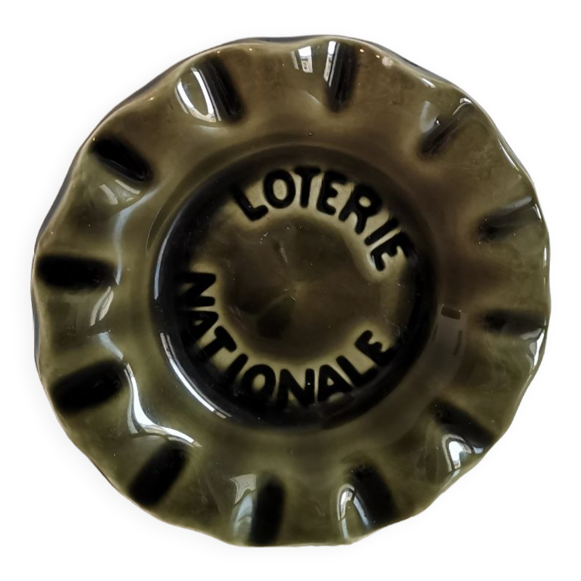 Ashtray national lottery ceramic sandstone green khaki signed st clement
