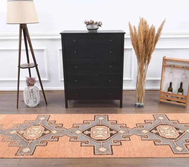 Vintage Turkish Hand-Knotted Wool Cotton Orange Runner Rug 95x408