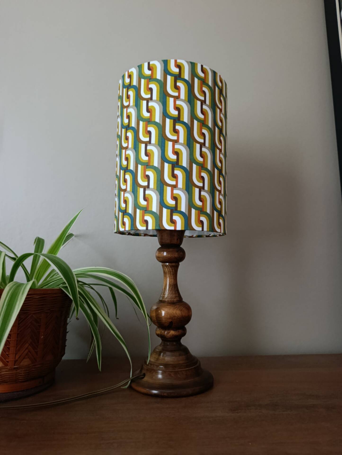 vintage turned wood lamp, seventies graphic lampshade
