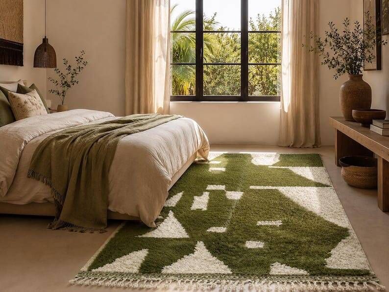 Authentic pure wool Moroccan rug in green and white, 2/3 m.