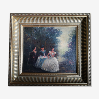 Paul Flaubert's wooden painting framed depicting 3 ladies seated in a garden