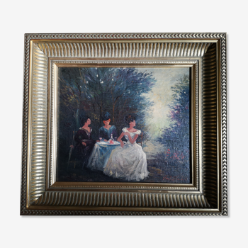 Tableau sur bois de Paul Flaubert encadré représentant 3 dames attablées dans un jardin