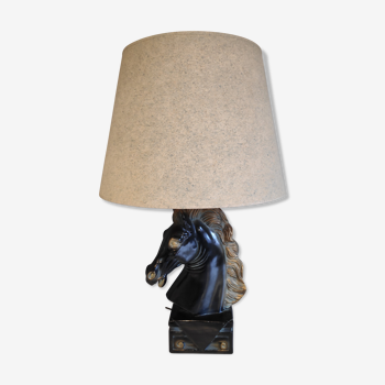 Lampe tête de cheval en plâtre et abat-jour gris bleu