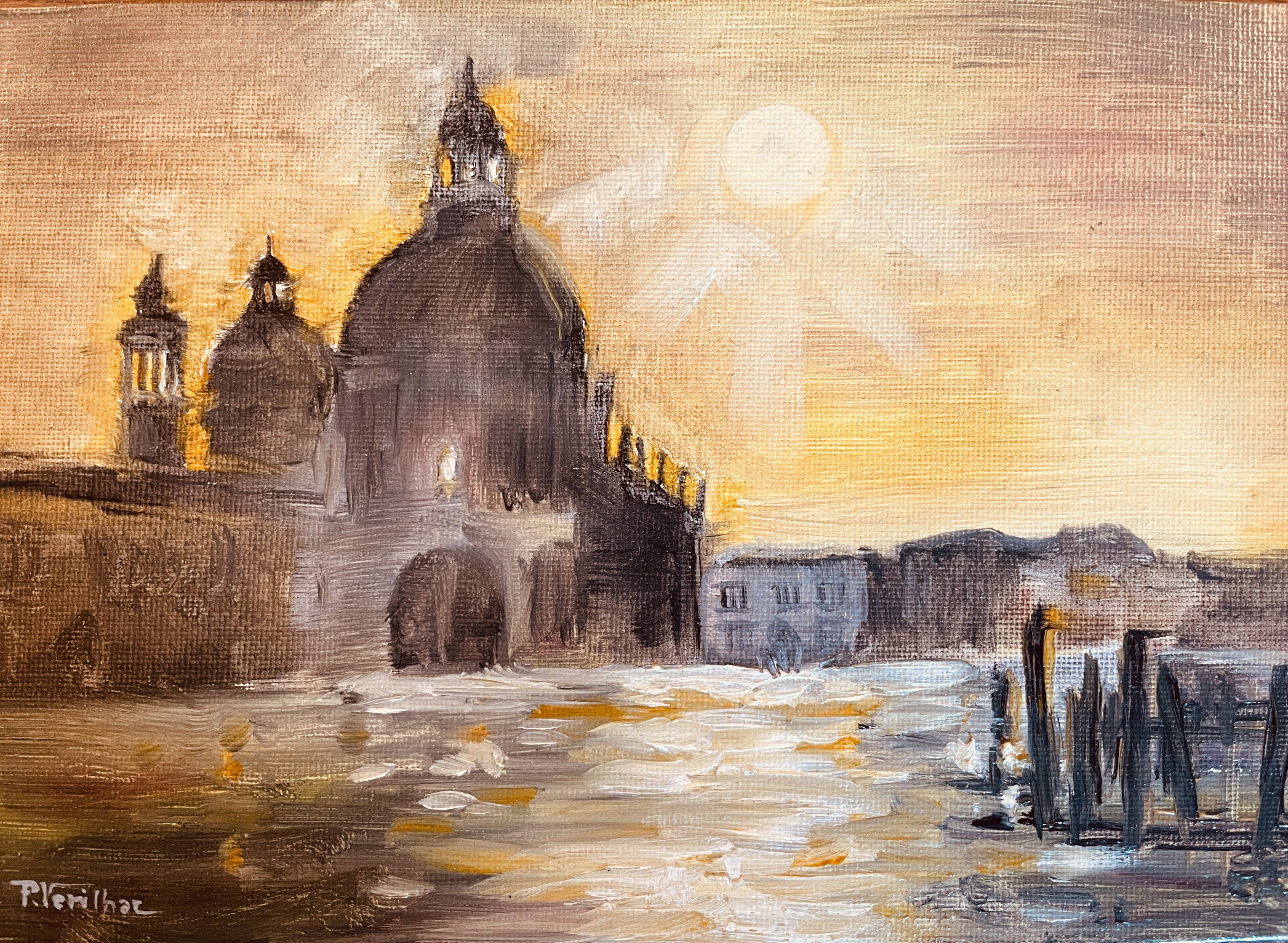 Signed painting oil on canvas landscape Venice "Santa Maria" sunset