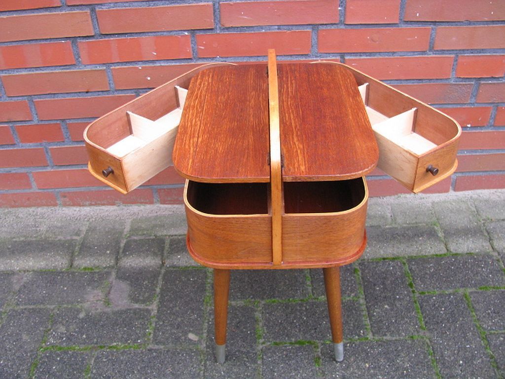 Mid century sewing box with / side table. asystent teak 1960/70s