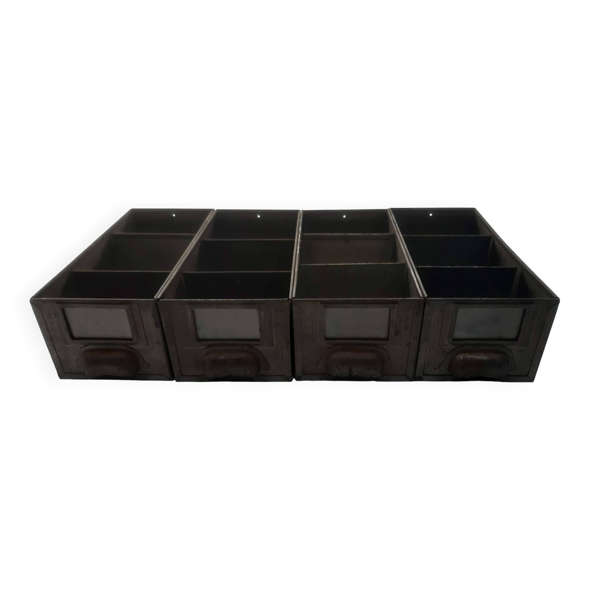 Set of 4 gray industrial drawer lockers from the 60s