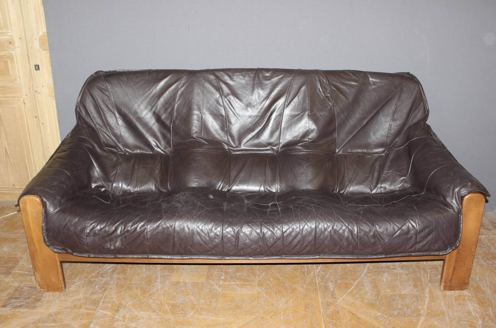 Brutalist Leather Sofa circa 1970