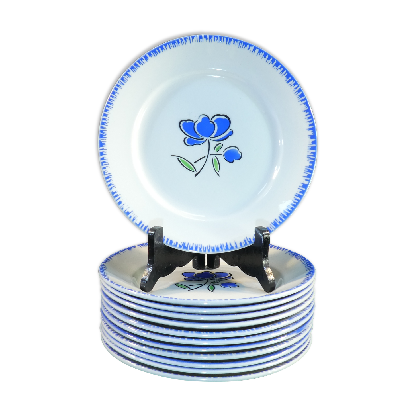 12 flat plates badonviller décor blue flower no digoin nº1