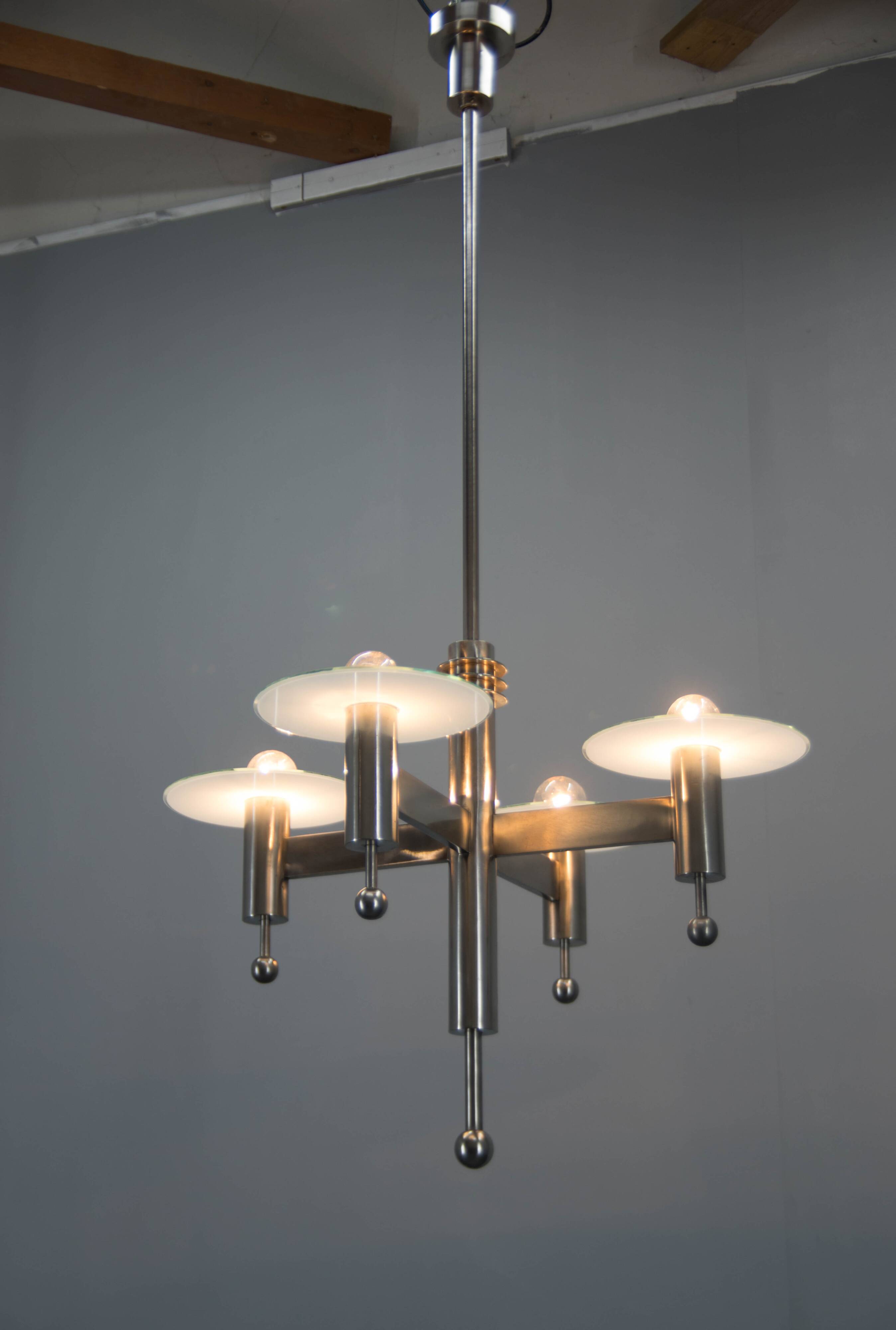 Machine Age Nickel-Plated 4-Flamming Chandelier, 1920s