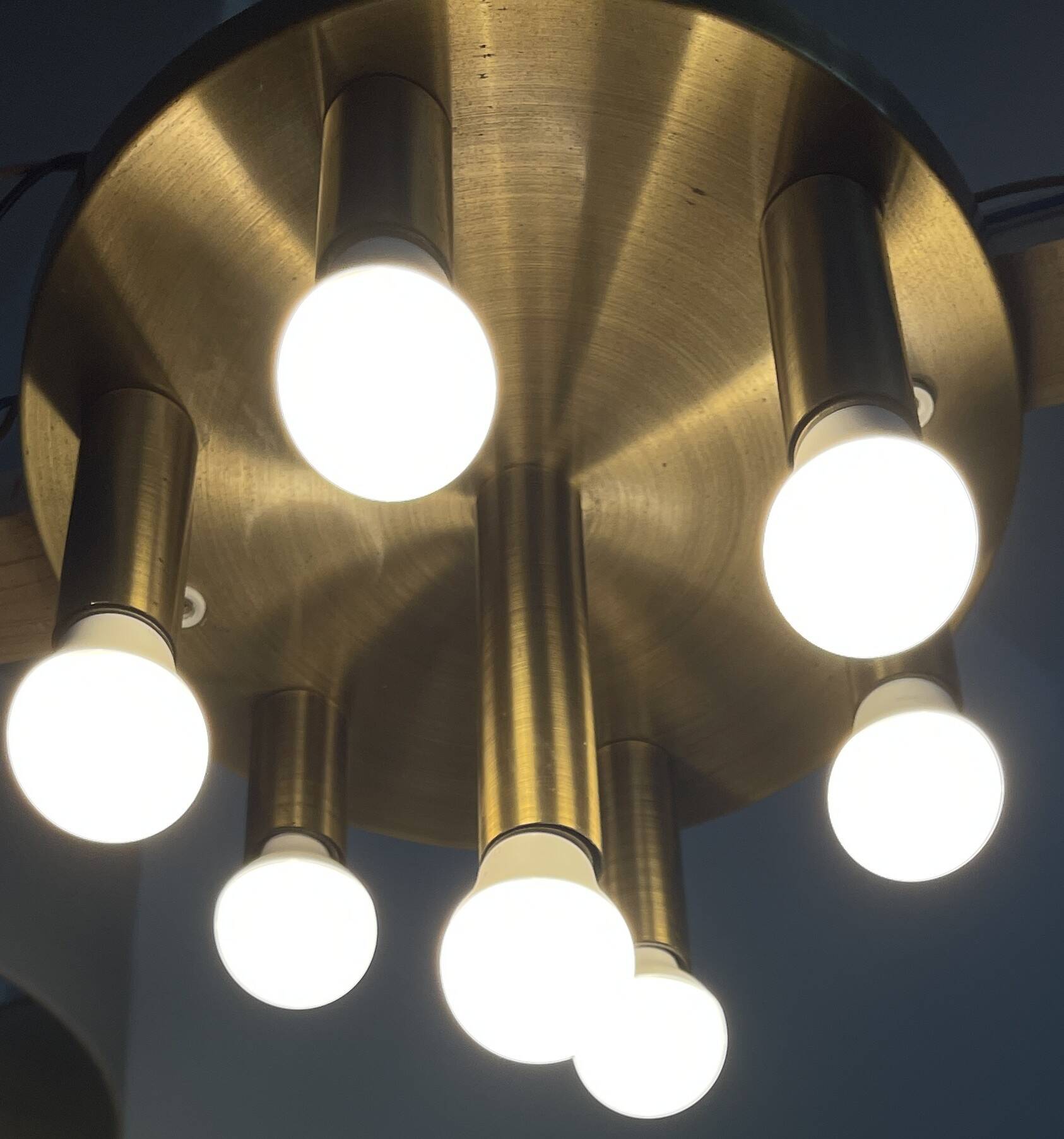 Mid-century ceiling light, brushed brass by Solken Leuchten, 7 lamps.