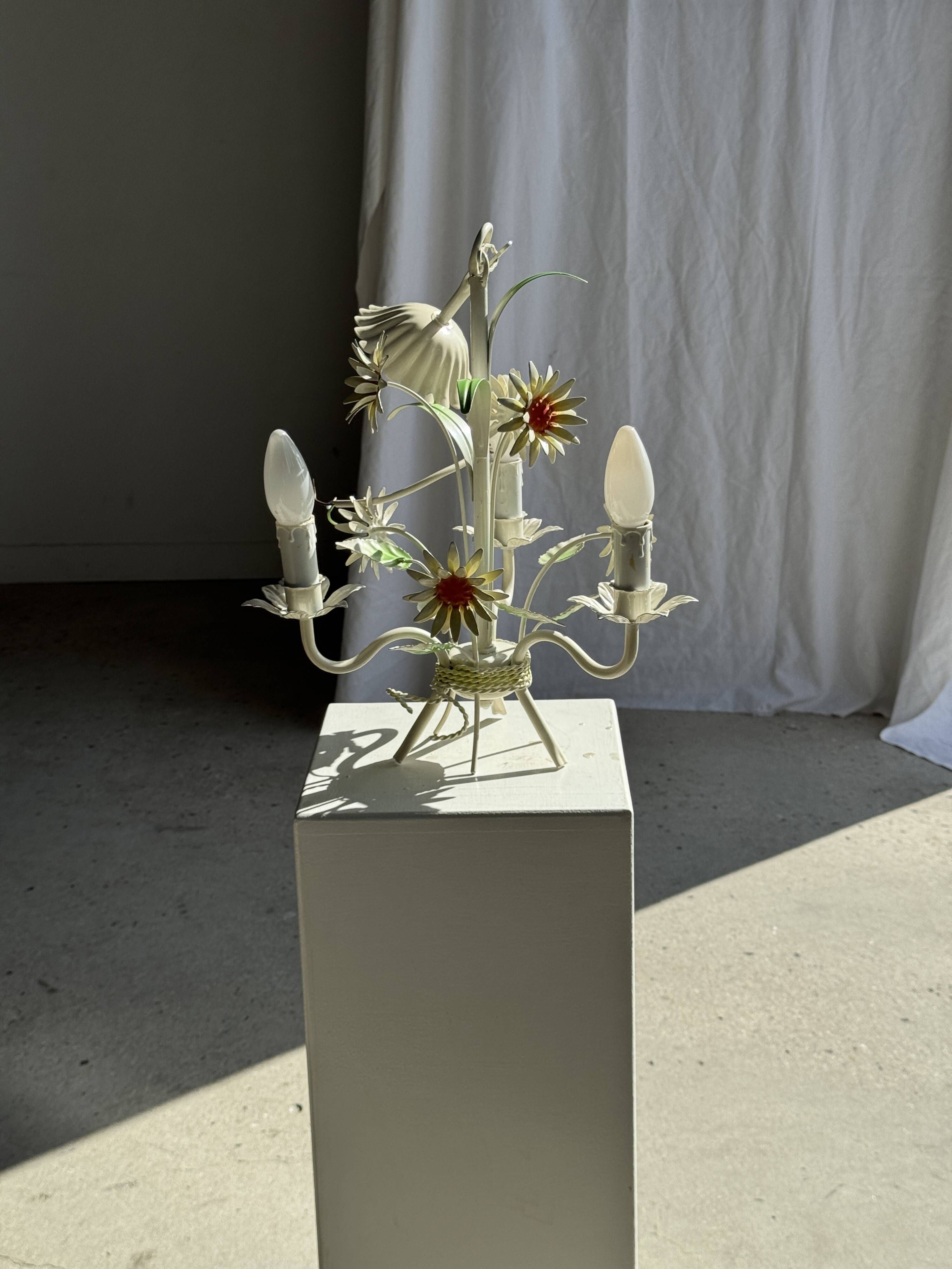 Small vintage cream metal flower chandelier with orange flowers and 3 arms.