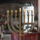Golden bronze chandelier with seven arms, Menorah, candlestick on a stand, candelabrum.