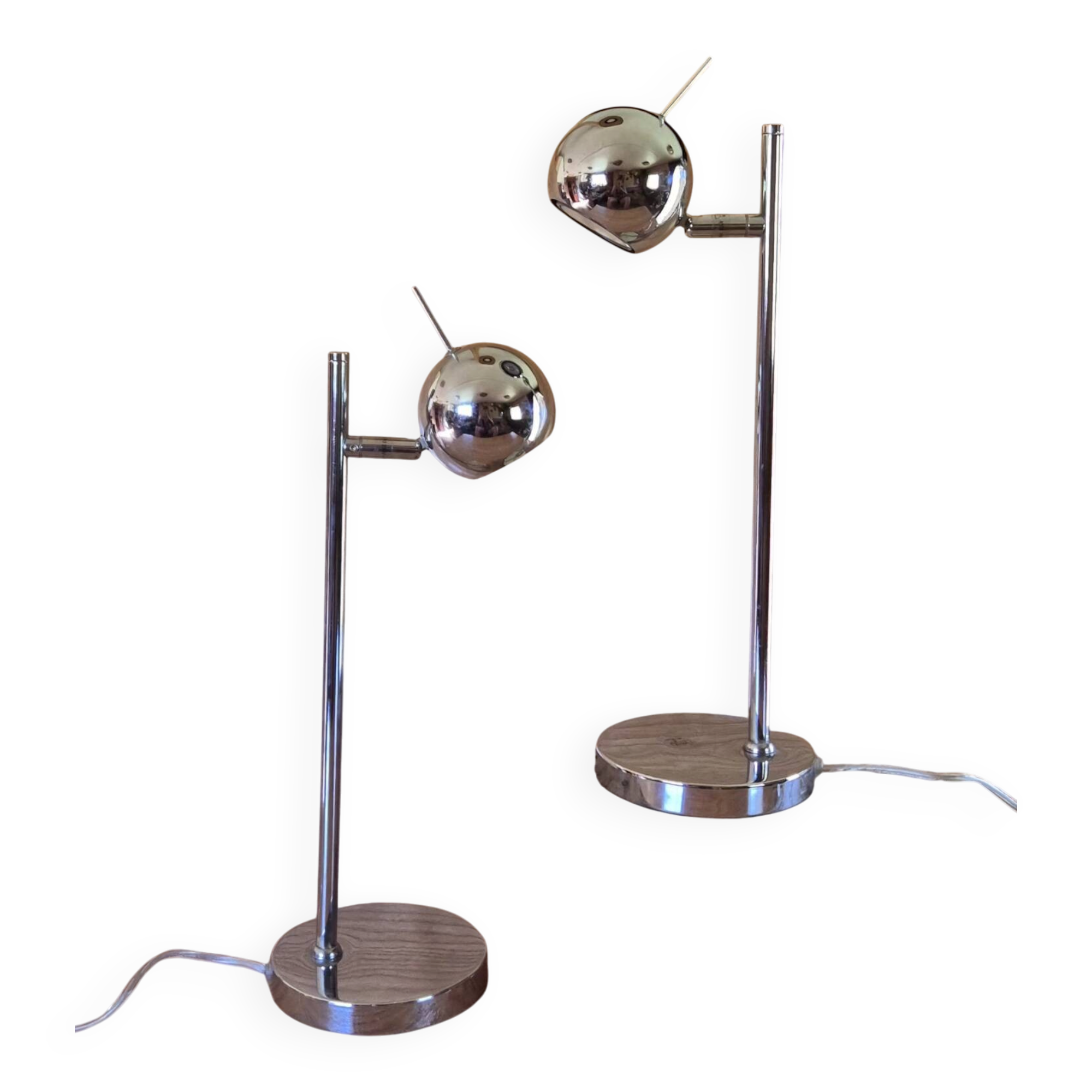 Set of 2 vintage 1970s chrome steel eye ball lamps.