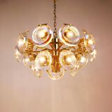 Large brass chandelier by Oscar Torlasco, rainbow optical glass rings, Italy, 1970s.