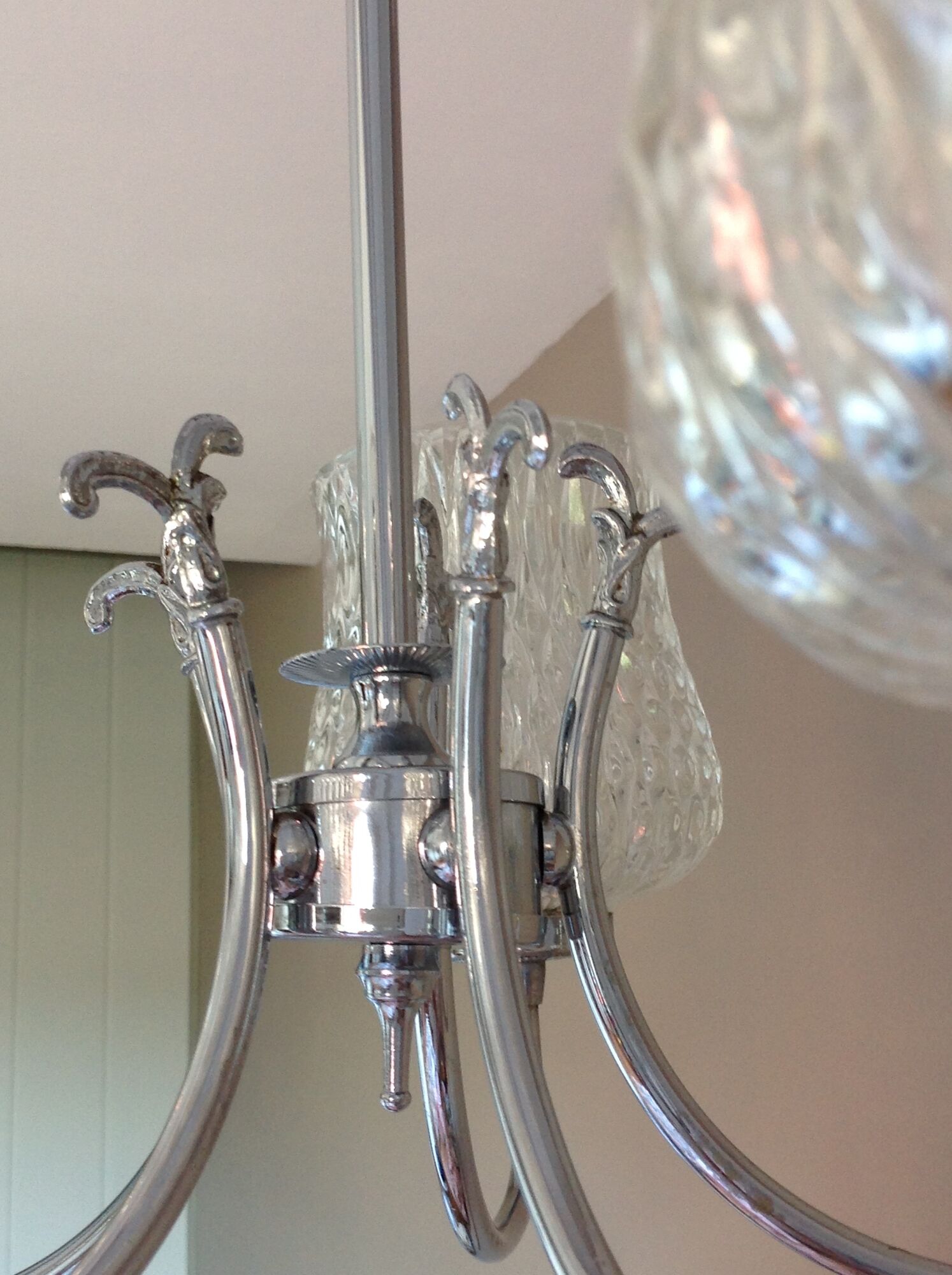 Five-spoke chandelier in chrome-plated metal and structured/vintage glass 60s-70s