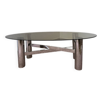 Chrome metal coffee table with smoked glass from the 70s