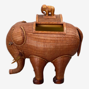 Midcentury rattan bamboo wicker elephant jewelry storage box