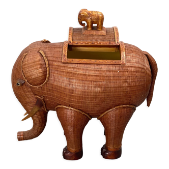 Midcentury rattan bamboo wicker elephant jewelry storage box
