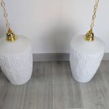 Pair of opaline pendants from the 1960s, luminous simplicity, 140 cm.