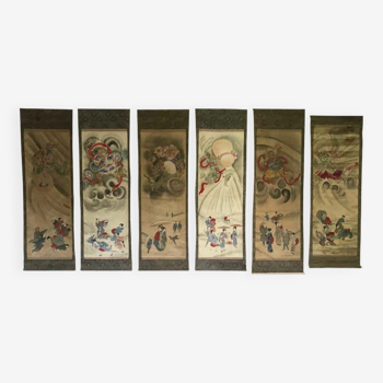 Ensemble de 6 Kakemonos Mythologie japonaise - 19ème siècle Japon 1800 Edo