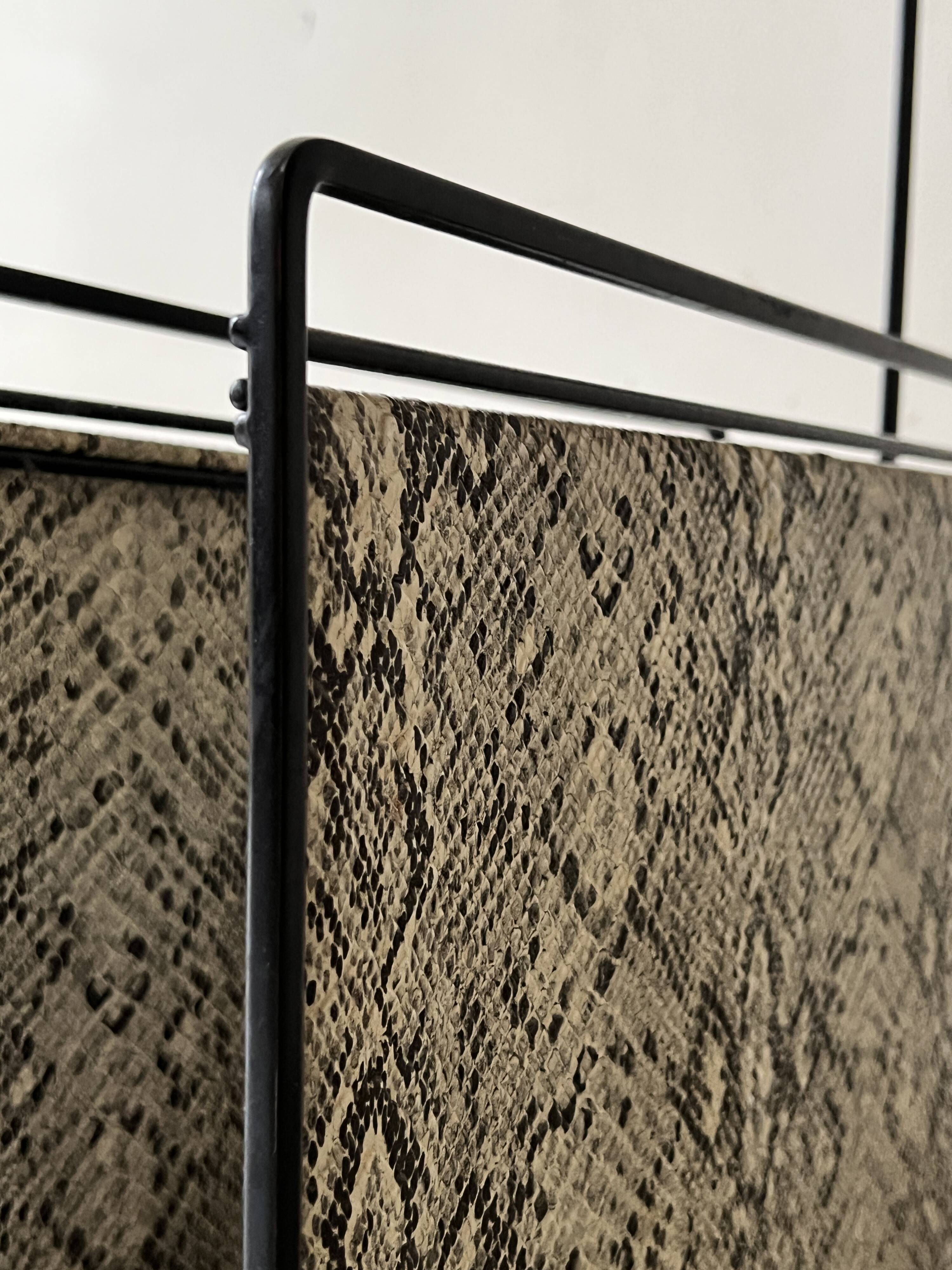 1970s design magazine rack in metal and python leather