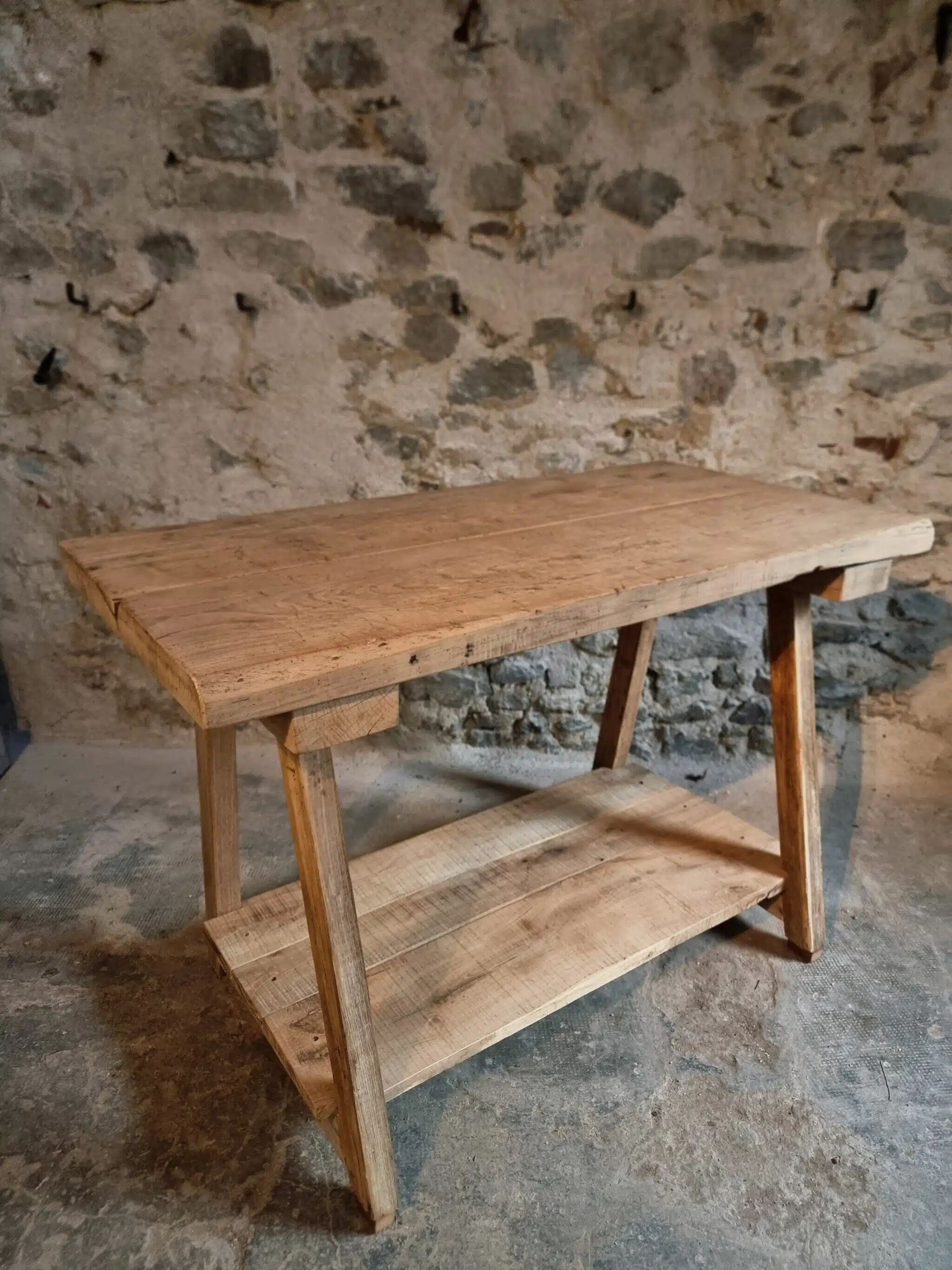 Old French work table / kitchen island / console, beech and chestnut, circa 1930–1950